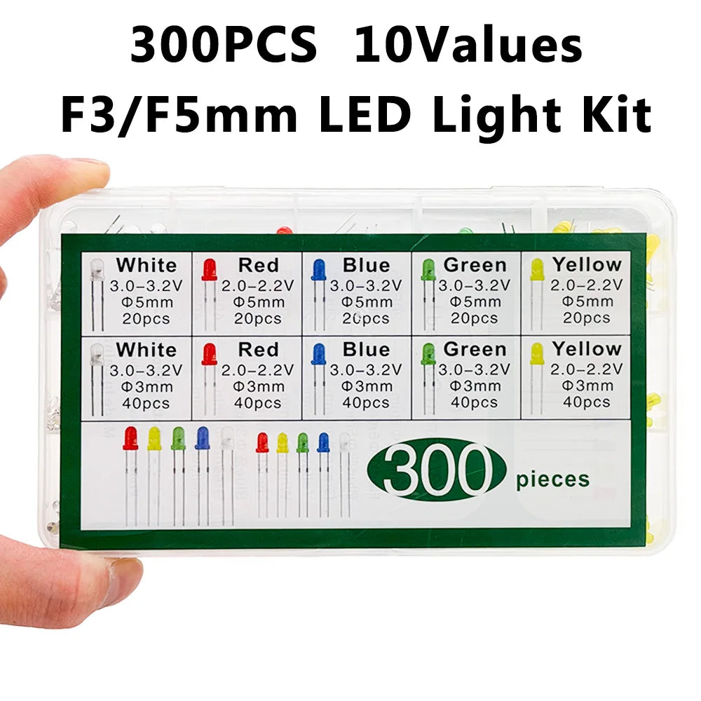 300PCS LED Kit – F3mm & F5mm, 5 Colors, 10 Values Assorted