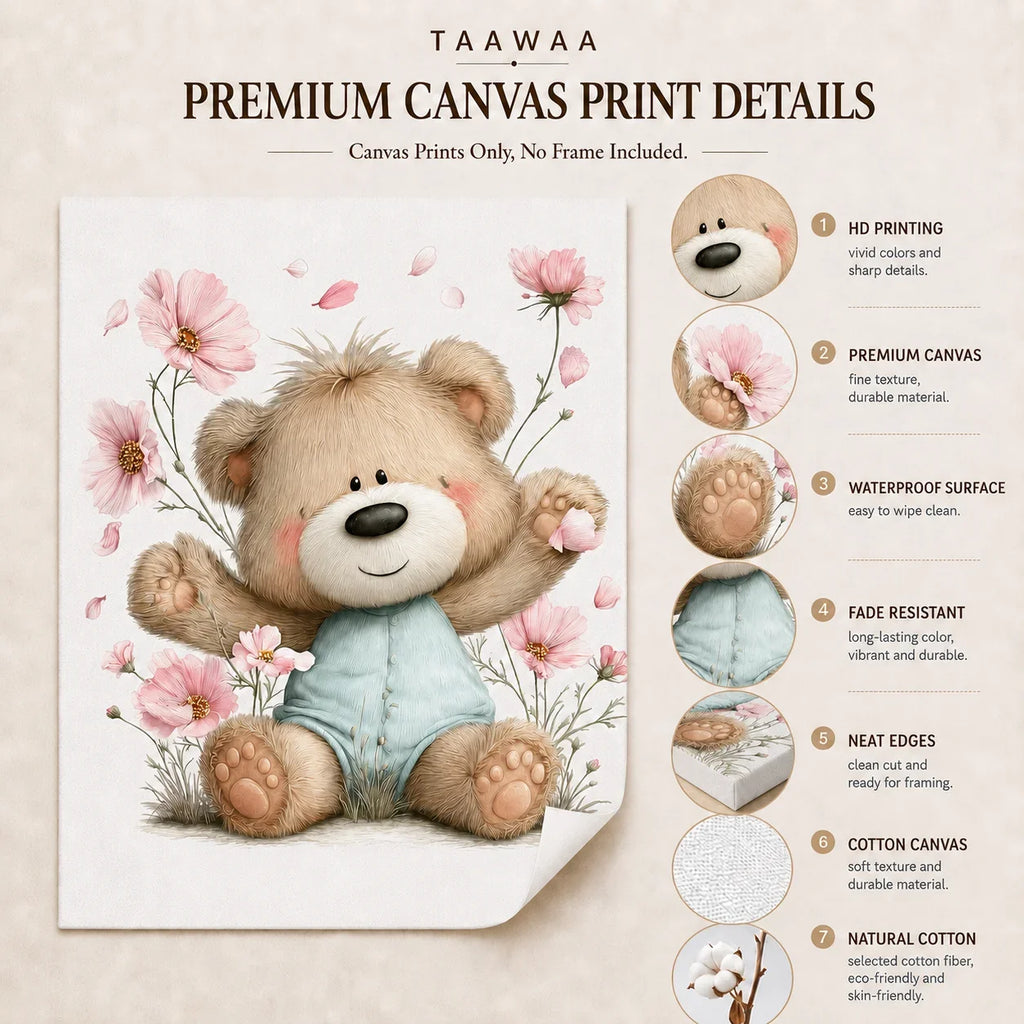 Teddy Bear Cherry Blossom Canvas Wall Art | Kids Nursery Decor
