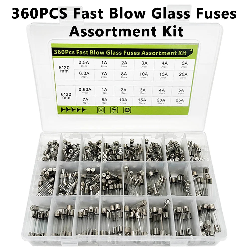 360 Pcs Glass Tube Fuses Assortment Kit – 24 Values 250V
