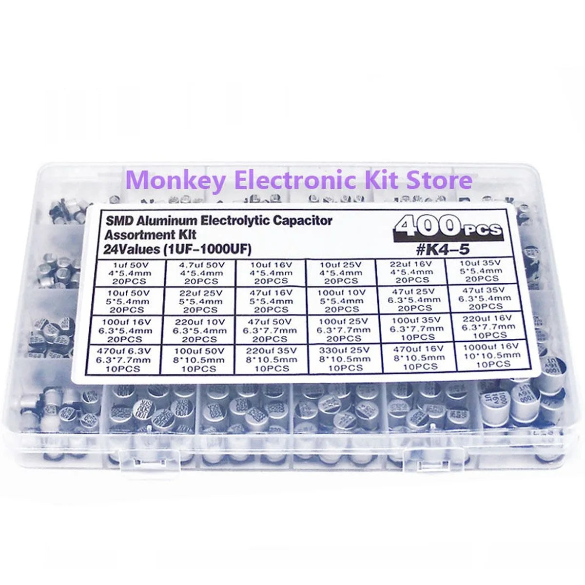 400PCS SMD Electrolytic Capacitor Kit – 24 Values 1µF–1000µF