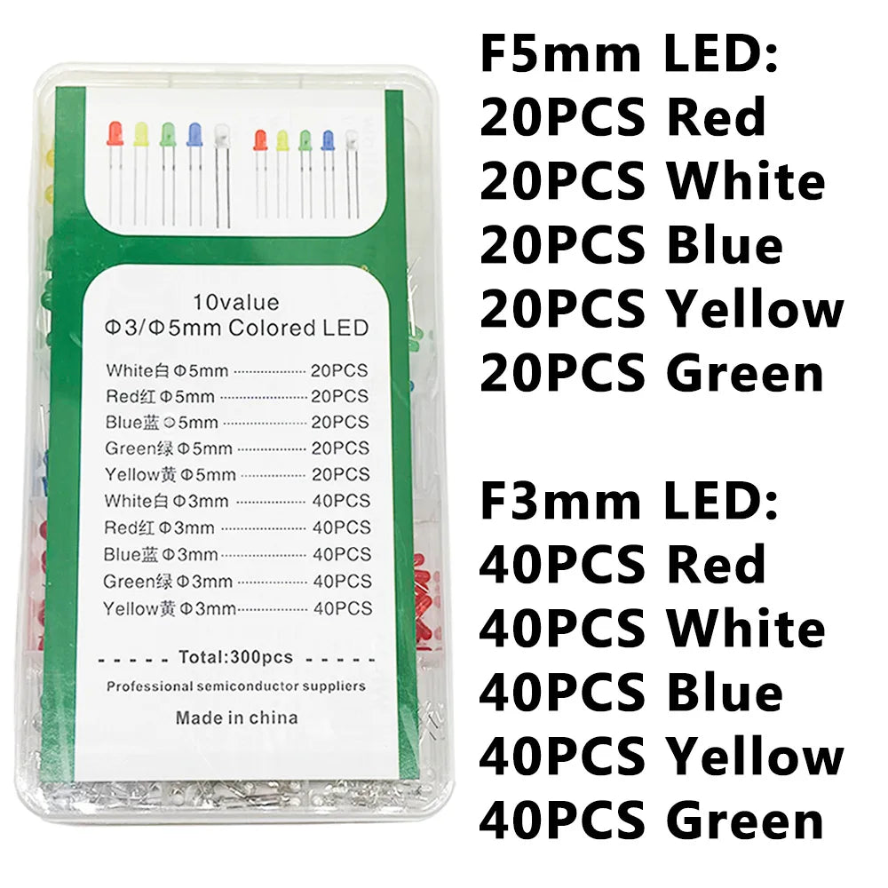 300PCS LED Kit – F3mm & F5mm, 5 Colors, 10 Values Assorted