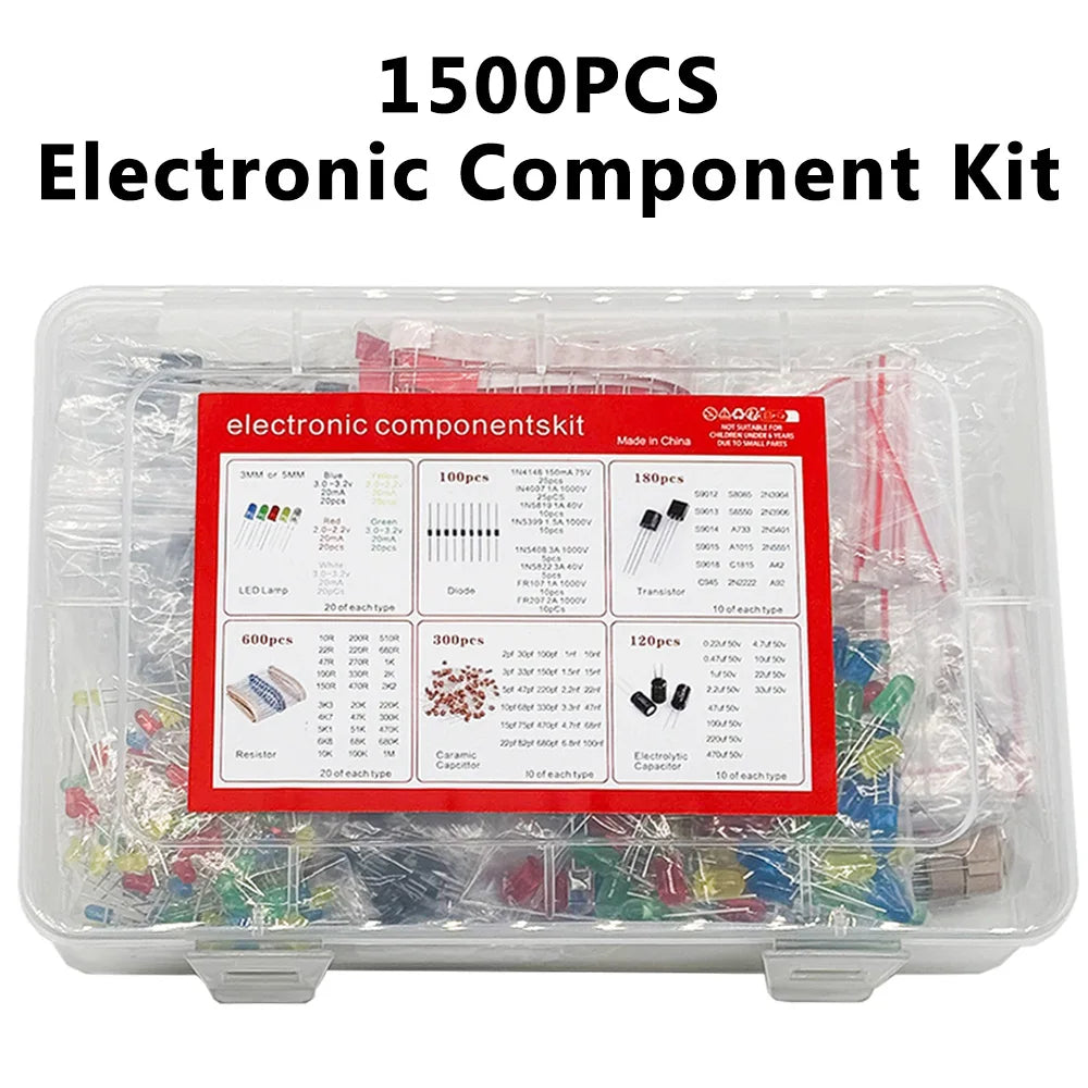 1500 Pcs Electronic Components Kit – LEDs, Resistors & Capacitors