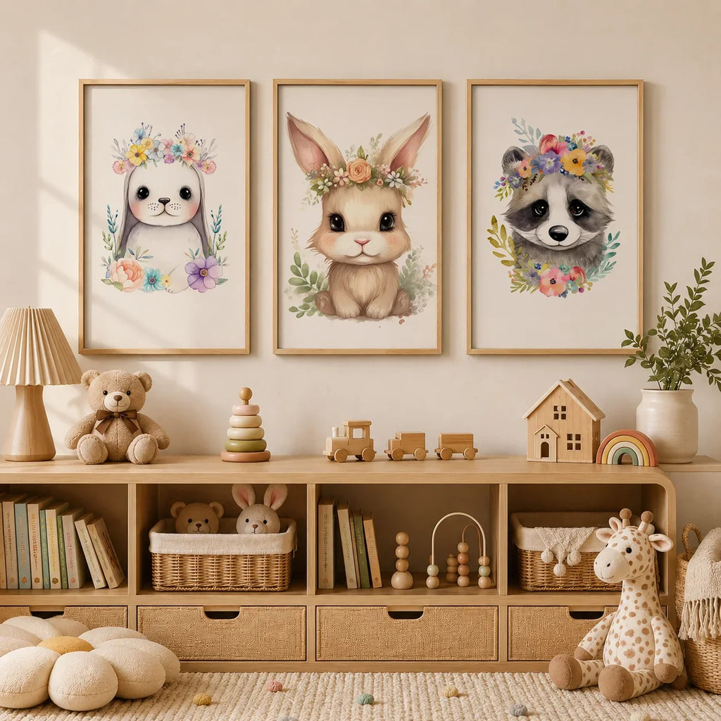 Nursery Bunny Sloth Floral Canvas Wall Art | Kids Room Decor