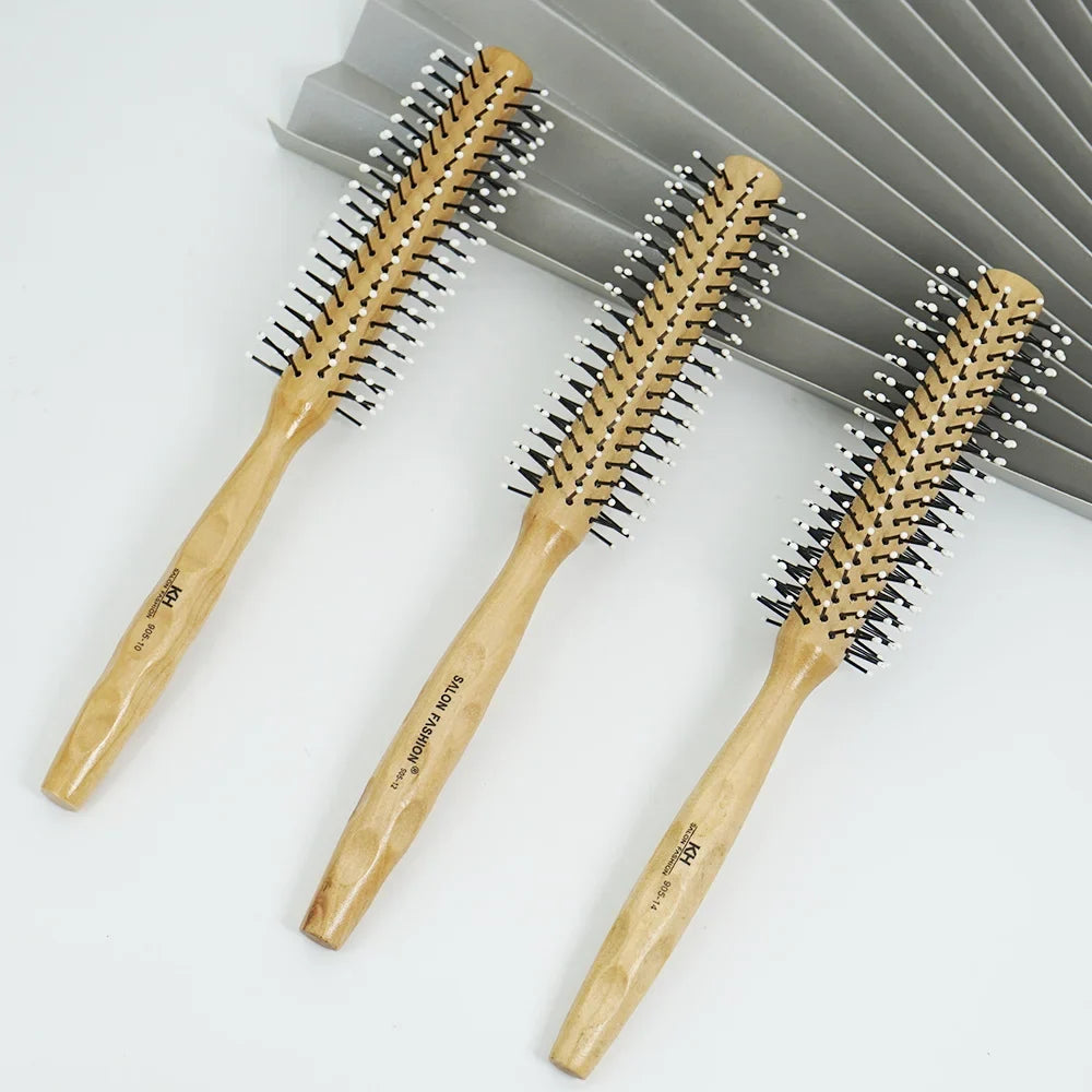 Natural Wood Round Barrel Hair Comb – Anti-Static Brush