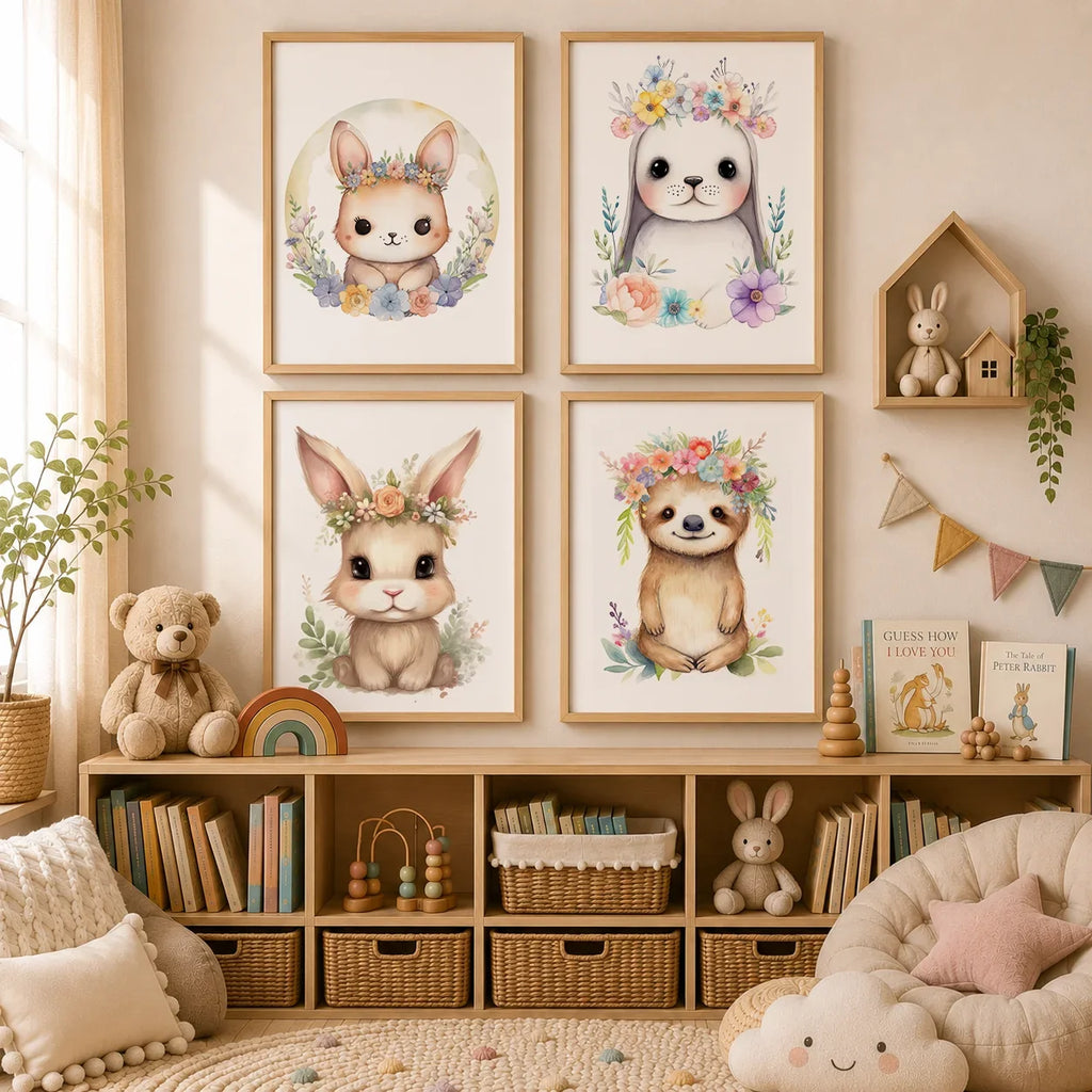 Nursery Bunny Sloth Floral Canvas Wall Art | Kids Room Decor
