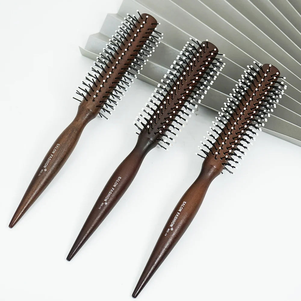 Natural Wood Round Barrel Hair Comb – Anti-Static Brush