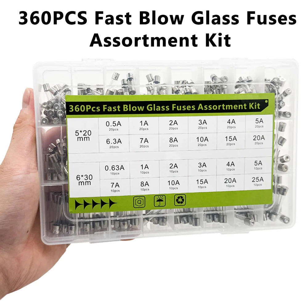 360 Pcs Glass Tube Fuses Assortment Kit – 24 Values 250V