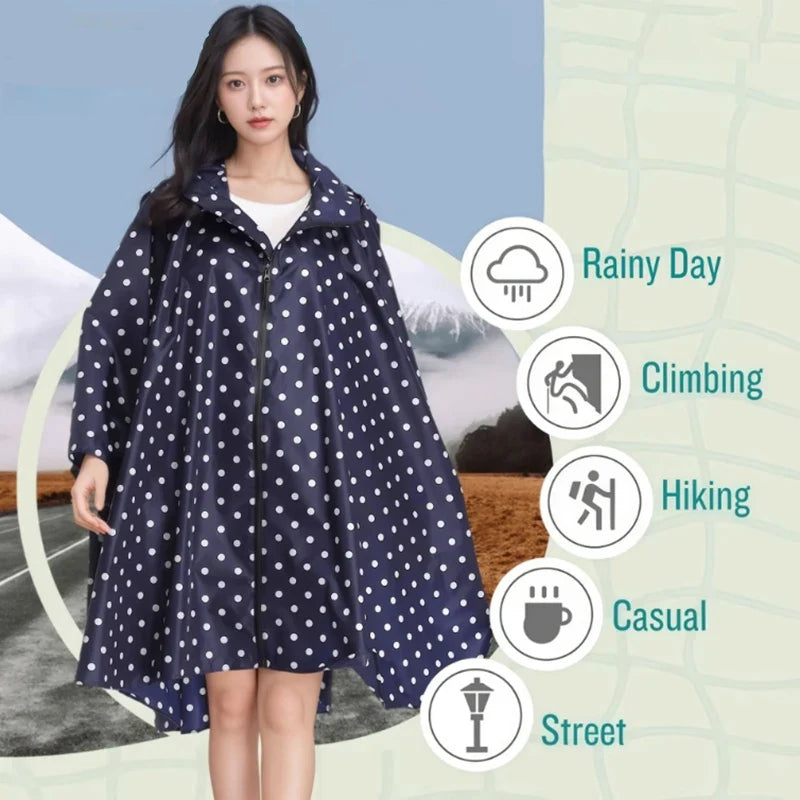 Unisex Zip-Up Rain Poncho | Polka Dot Waterproof Outdoor Coat
