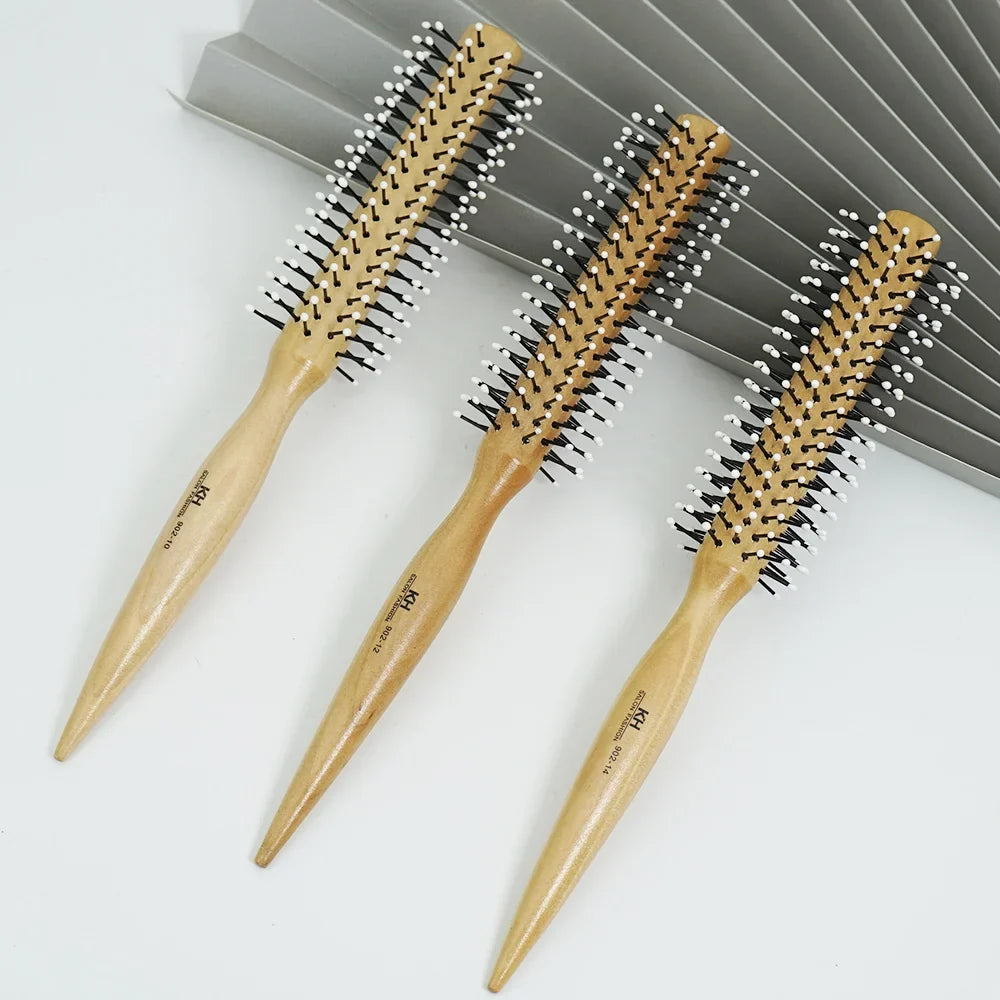Natural Wood Round Barrel Hair Comb – Anti-Static Brush