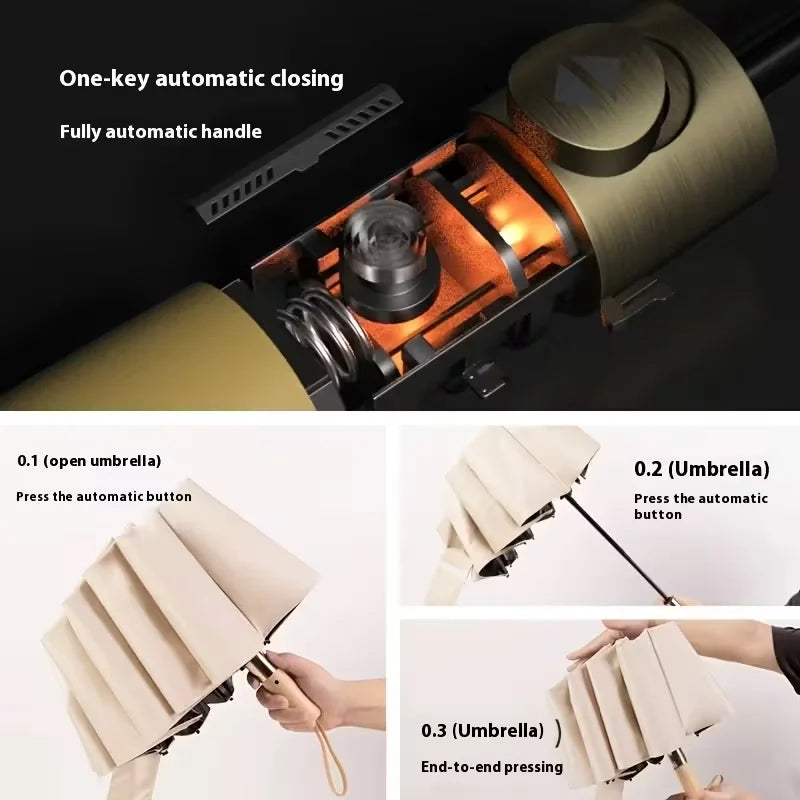 Large Auto Folding Umbrella – Solid Wood Handle & 12 Ribs