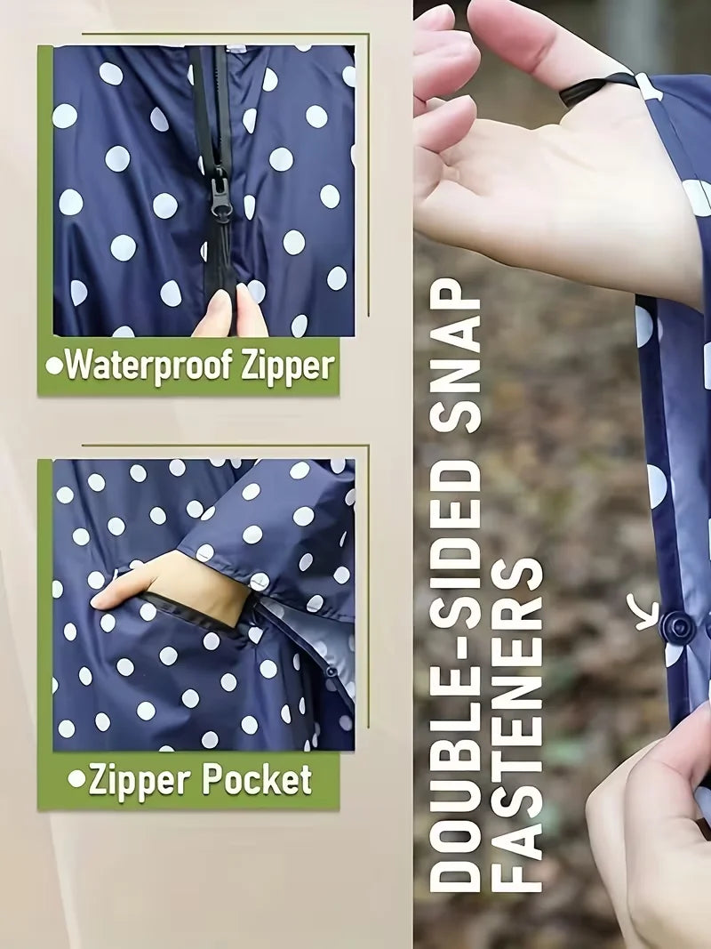 Unisex Zip-Up Rain Poncho | Polka Dot Waterproof Outdoor Coat