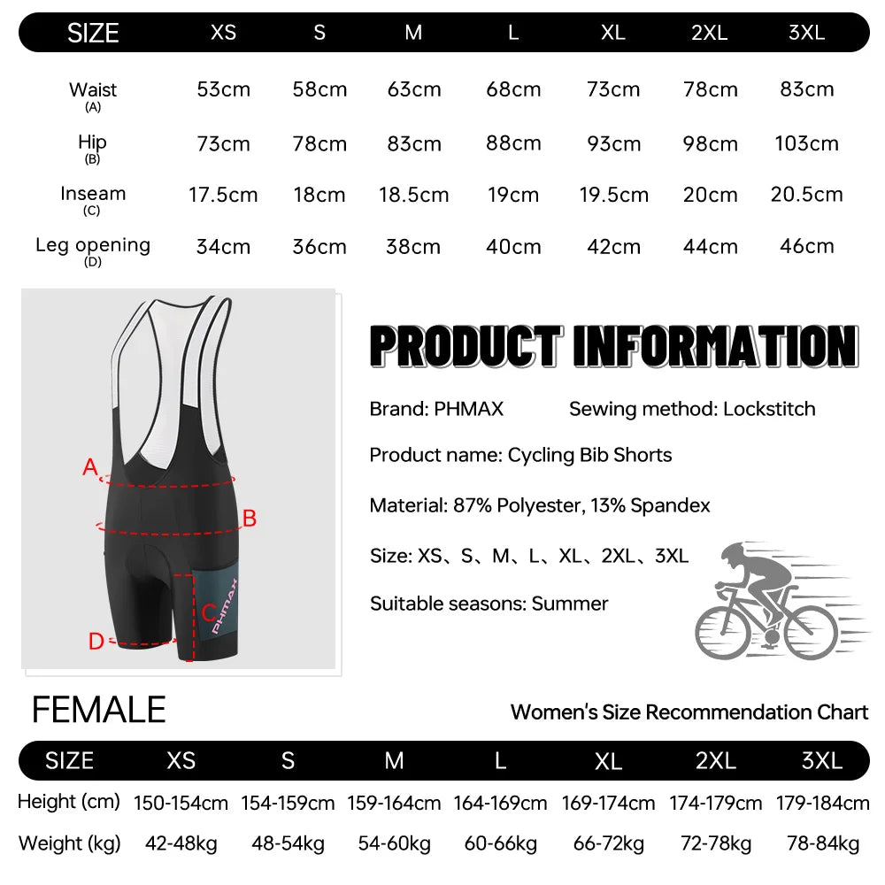 PHMAX Women's Cycling Bib Shorts – 5D Gel Pad MTB Road Bike