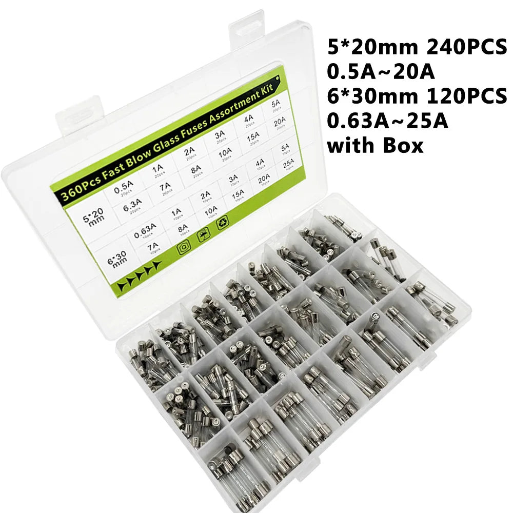 360 Pcs Glass Tube Fuses Assortment Kit – 24 Values 250V