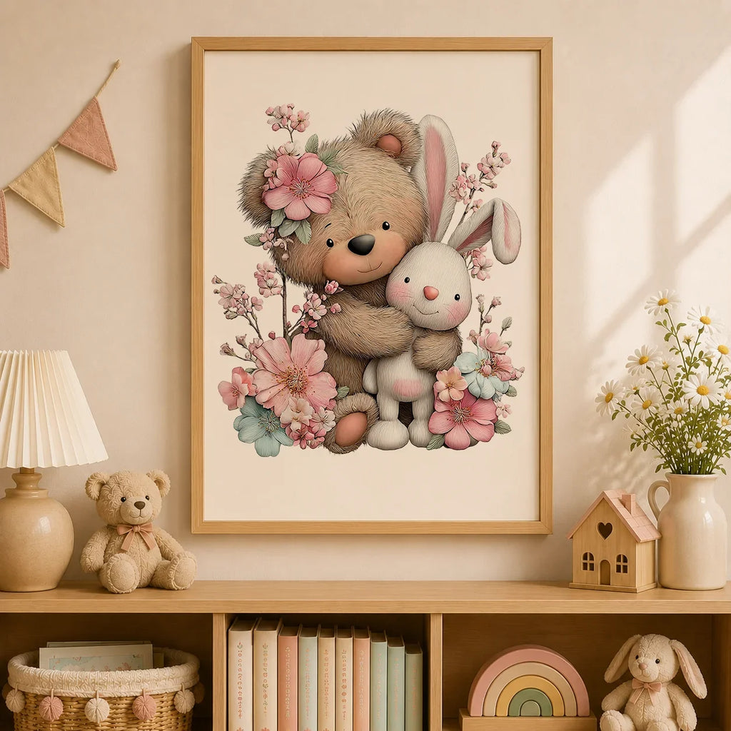 Teddy Bear Cherry Blossom Canvas Wall Art | Kids Nursery Decor
