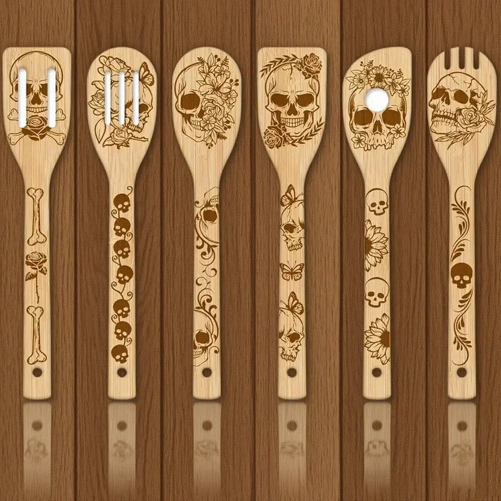 Skeleton Bamboo Cooking Utensils | Gothic Engraved 6-Piece Set