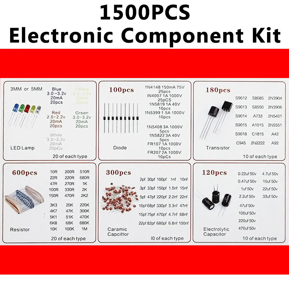 1500 Pcs Electronic Components Kit – LEDs, Resistors & Capacitors