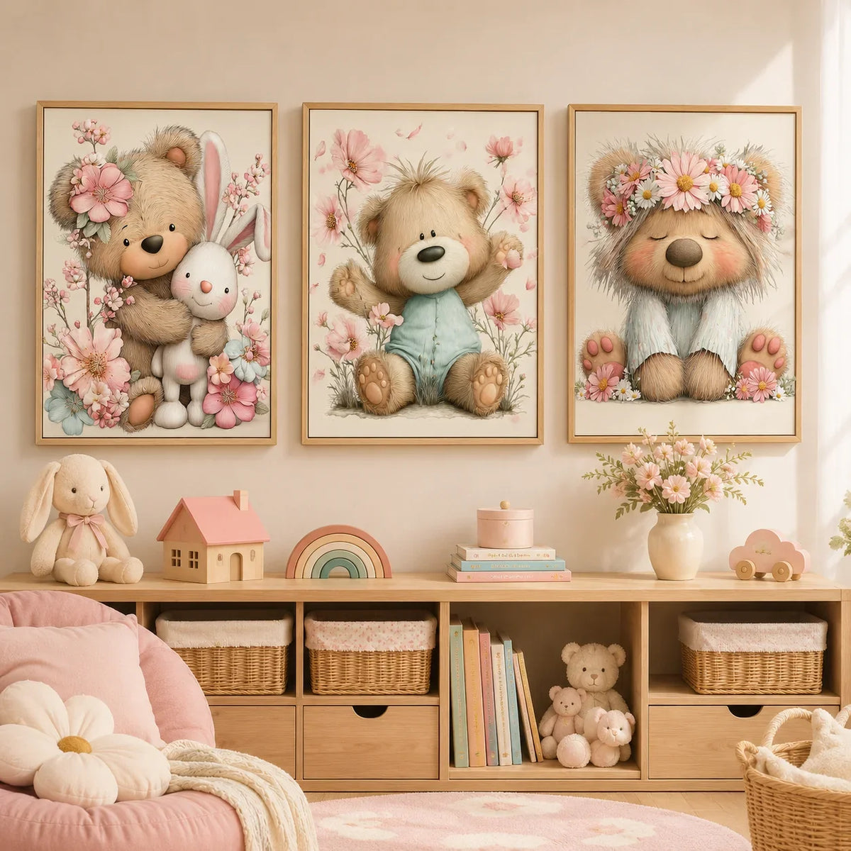 Teddy Bear Cherry Blossom Canvas Wall Art | Kids Nursery Decor