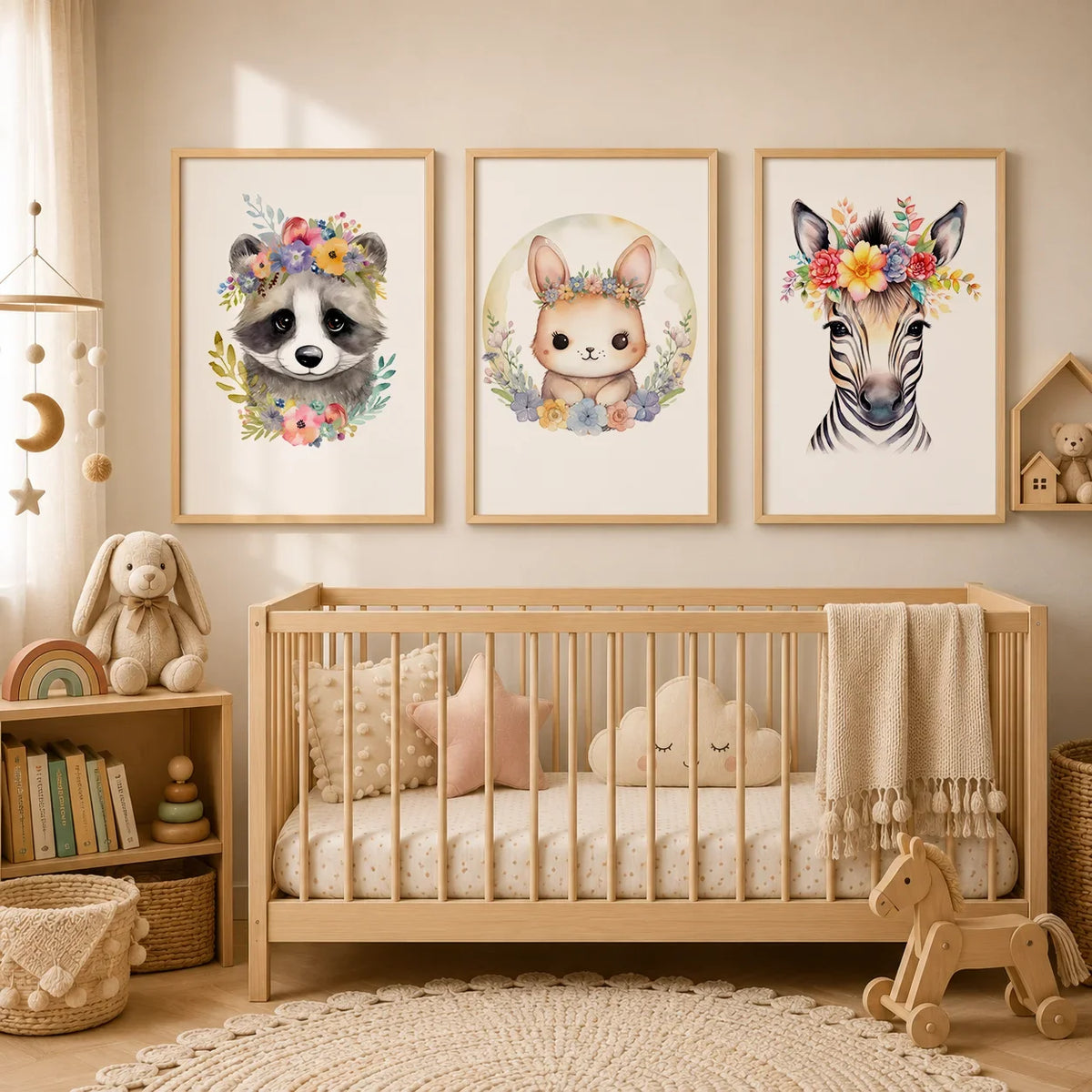 Nursery Bunny Sloth Floral Canvas Wall Art | Kids Room Decor