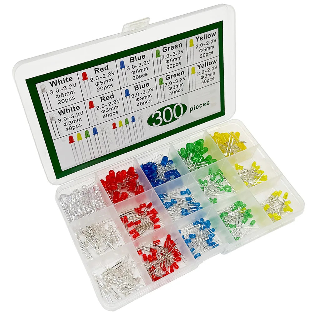 300PCS LED Kit – F3mm & F5mm, 5 Colors, 10 Values Assorted