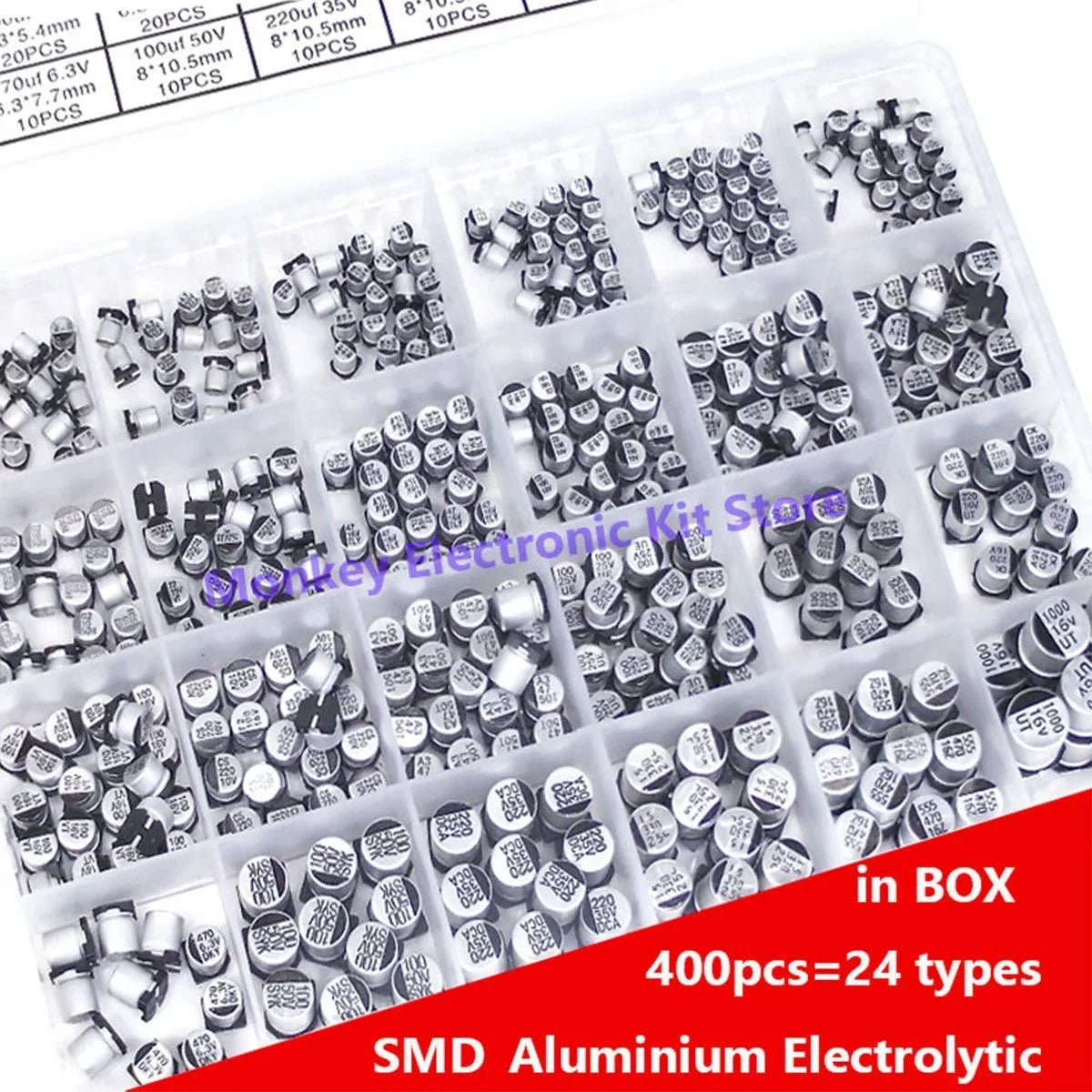 400PCS SMD Electrolytic Capacitor Kit – 24 Values 1µF–1000µF