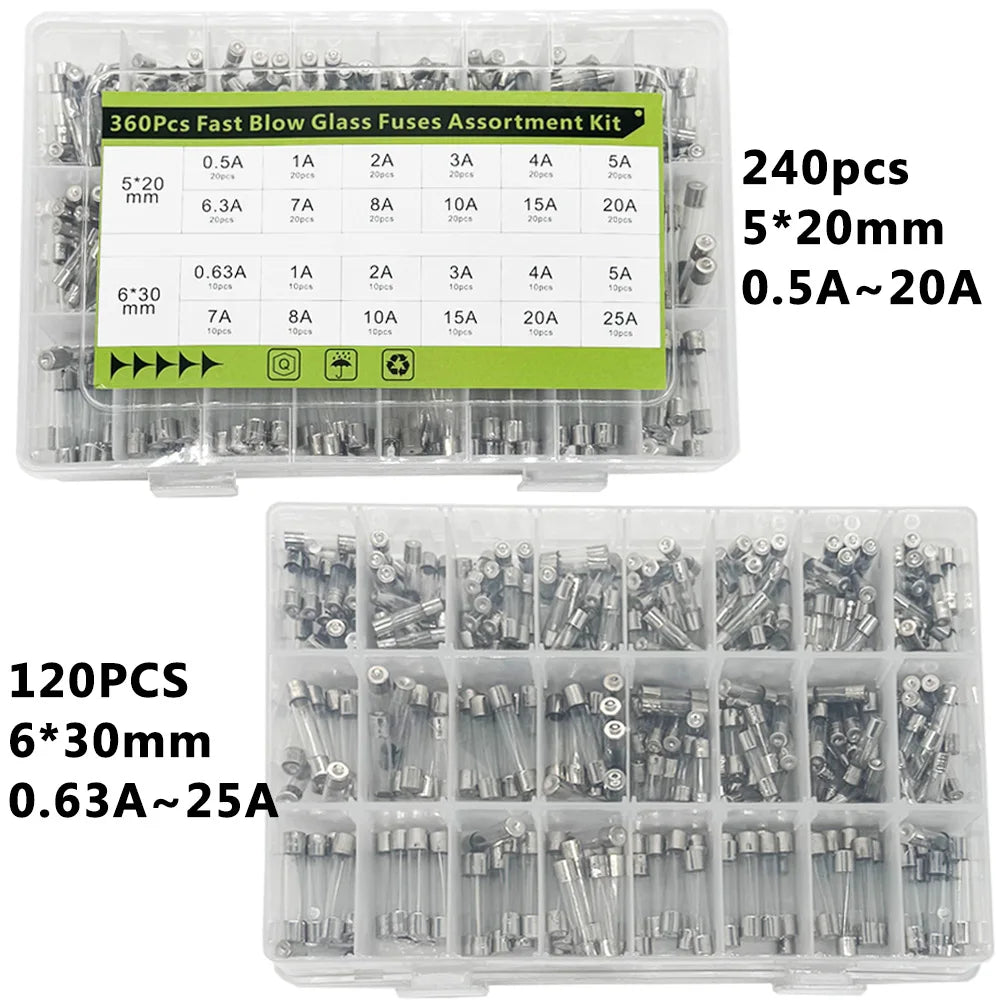 360 Pcs Glass Tube Fuses Assortment Kit – 24 Values 250V