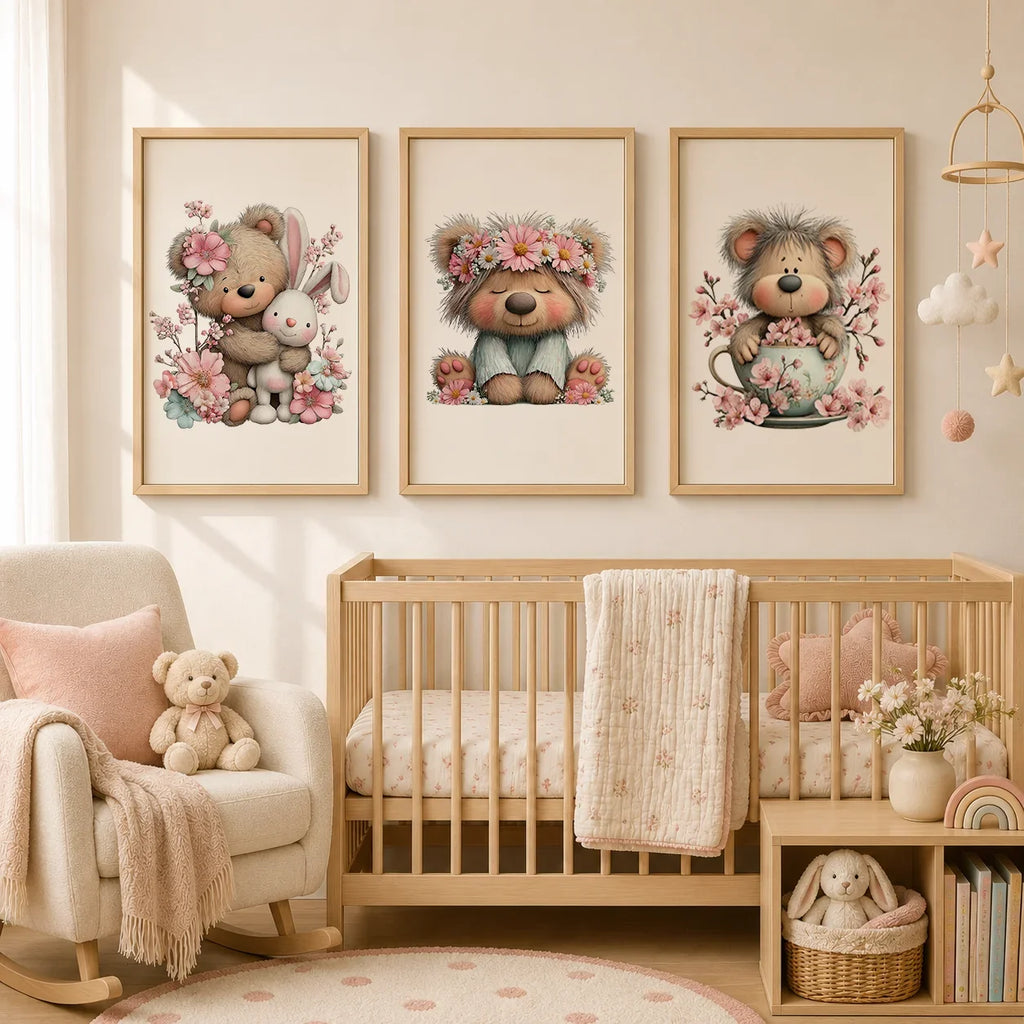 Teddy Bear Cherry Blossom Canvas Wall Art | Kids Nursery Decor