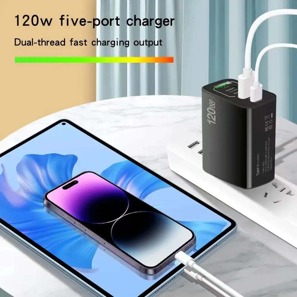 120W 5-Port USB-C PD Fast Wall Charger | Quick Charge 3.0