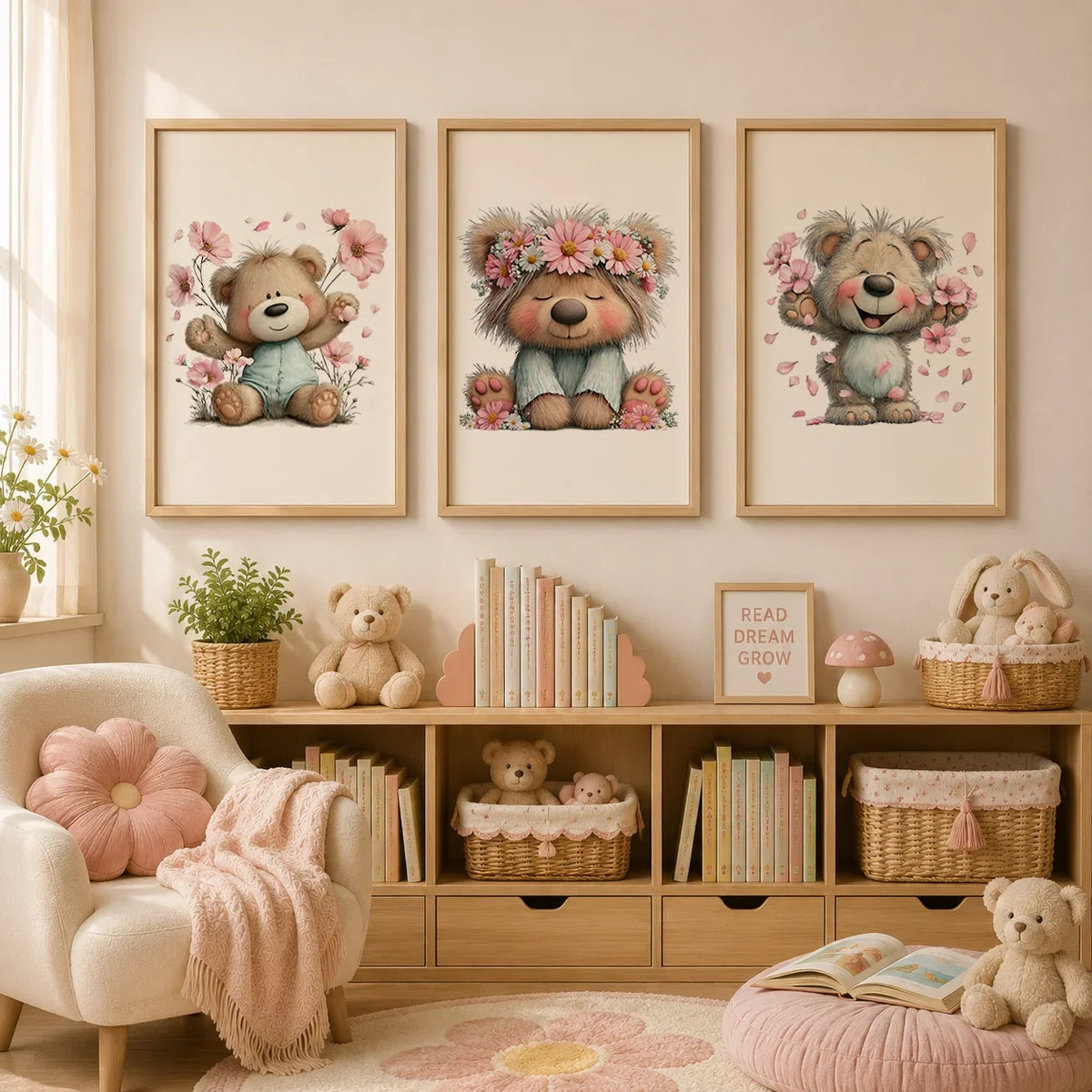 Teddy Bear Cherry Blossom Canvas Wall Art | Kids Nursery Decor