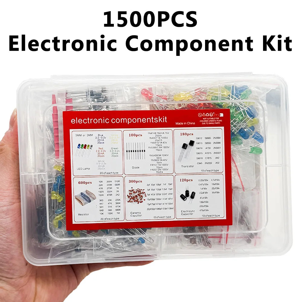 1500 Pcs Electronic Components Kit – LEDs, Resistors & Capacitors