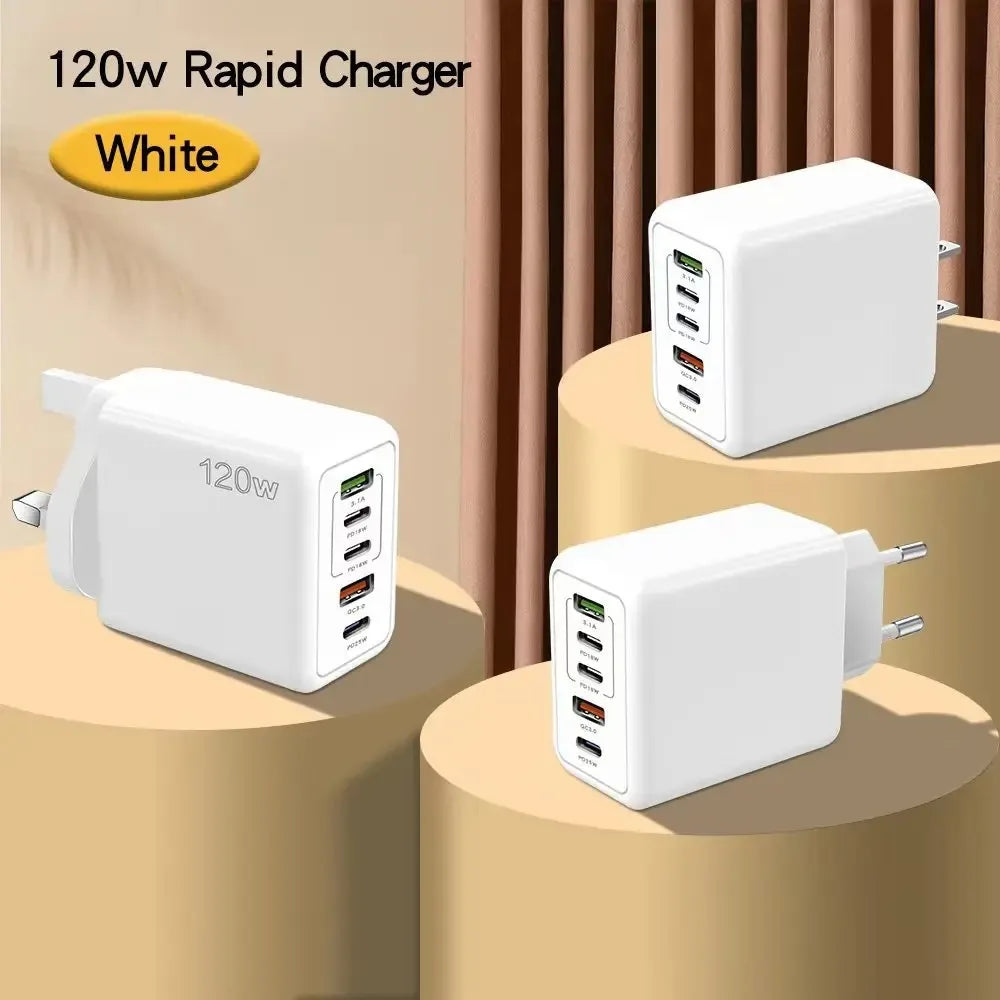 120W 5-Port USB-C PD Fast Wall Charger | Quick Charge 3.0