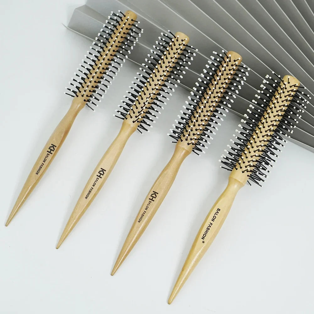 Natural Wood Round Barrel Hair Comb – Anti-Static Brush