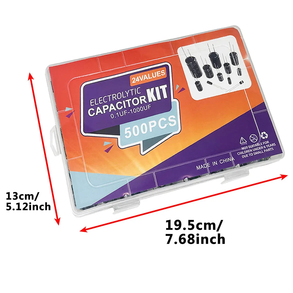 500pcs Electrolytic Capacitor Kit – 24 Values 0.1µF–1000µF DIP