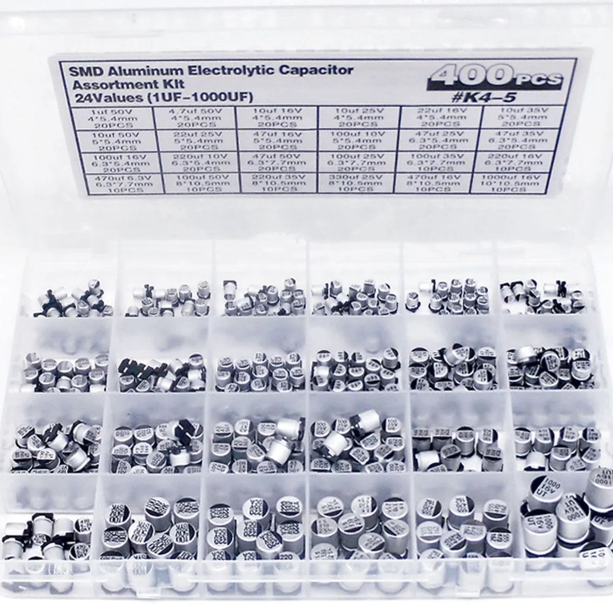 400PCS SMD Electrolytic Capacitor Kit – 24 Values 1µF–1000µF