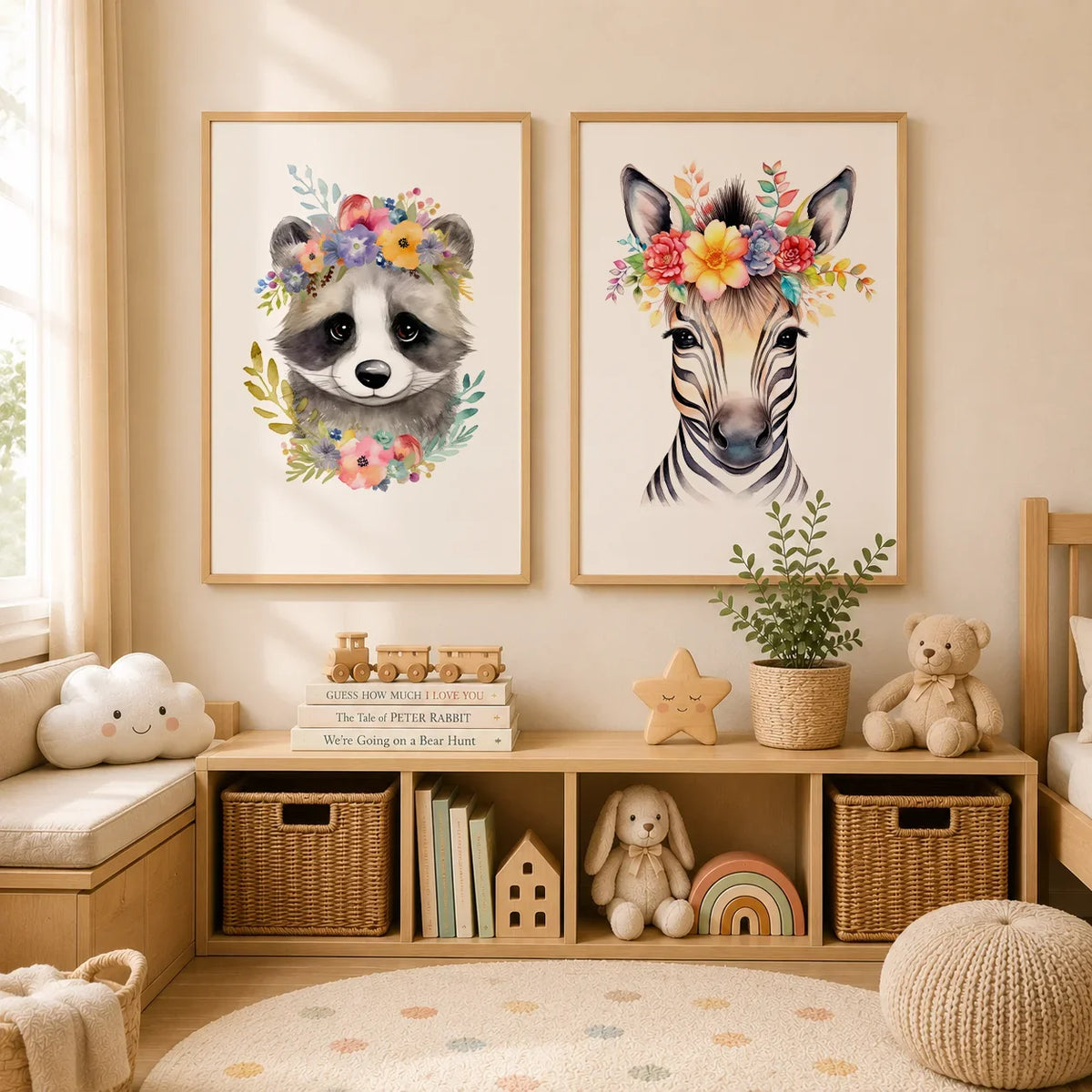 Nursery Bunny Sloth Floral Canvas Wall Art | Kids Room Decor