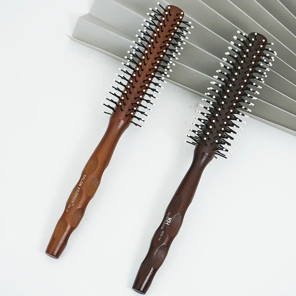 Natural Wood Round Barrel Hair Comb – Anti-Static Brush