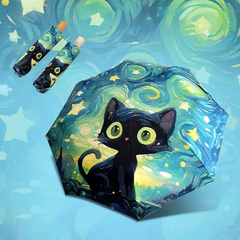 Green Cartoon Cat Folding Umbrella – UV & Rain Protection