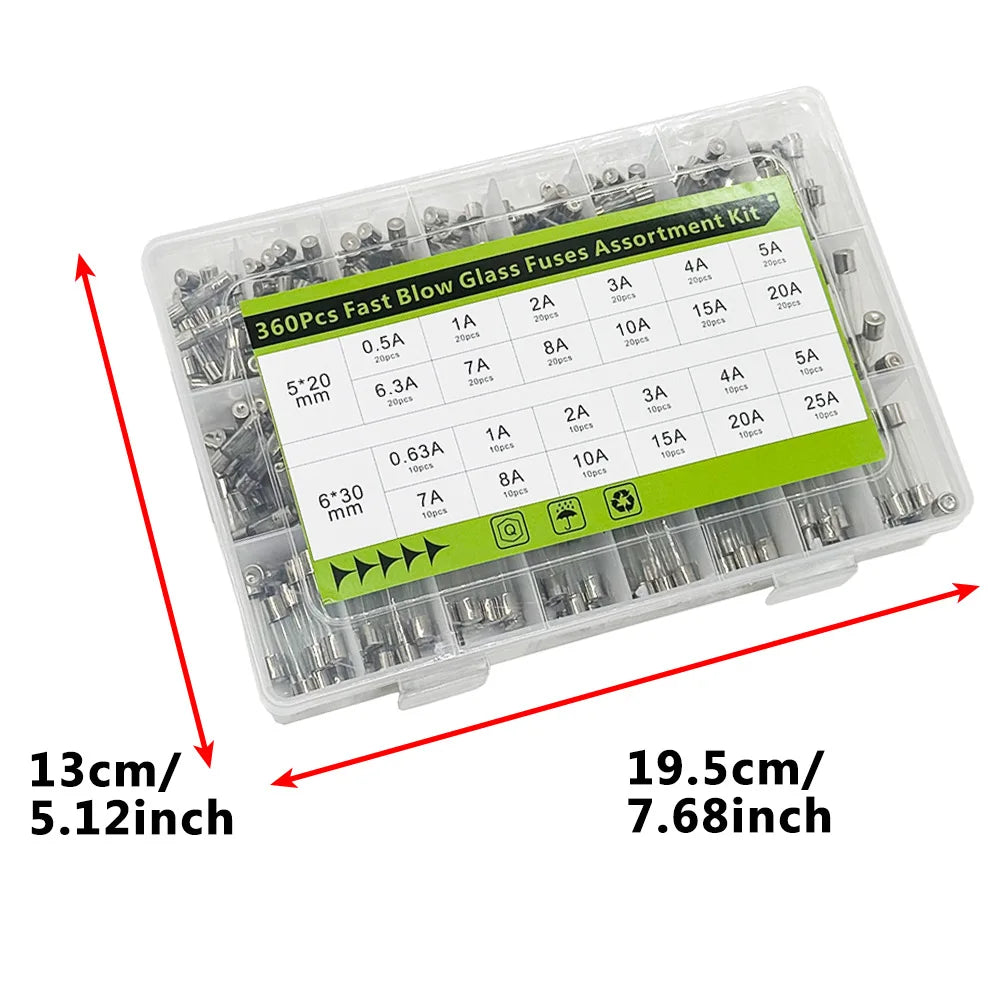 360 Pcs Glass Tube Fuses Assortment Kit – 24 Values 250V