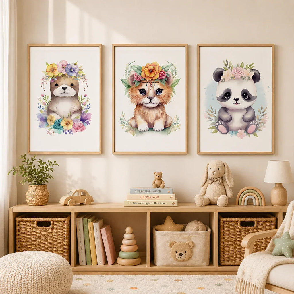 Nursery Animal Canvas Wall Art – Otter Lion Monkey Kids Room