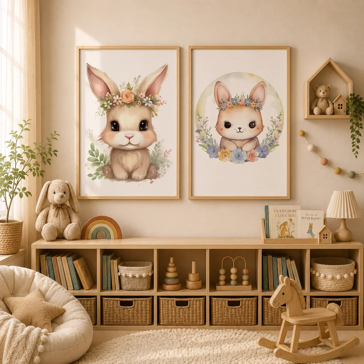 Nursery Bunny Sloth Floral Canvas Wall Art | Kids Room Decor