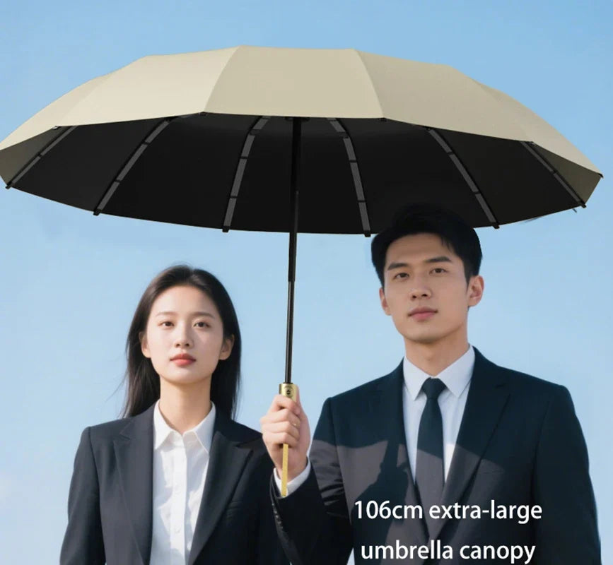 Large Auto Folding Umbrella – Solid Wood Handle & 12 Ribs