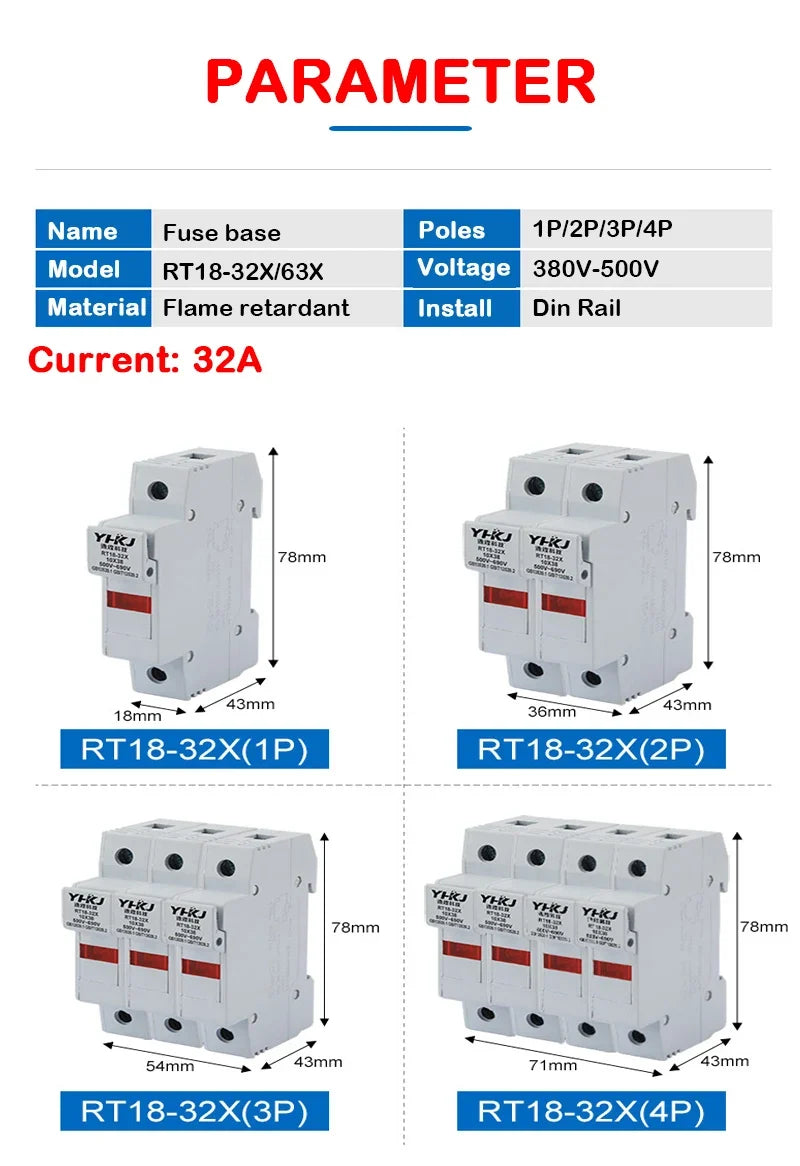 RT18-32X DIN Rail Fuse Holder 1P–4P 500V 10×38mm | CE Certified