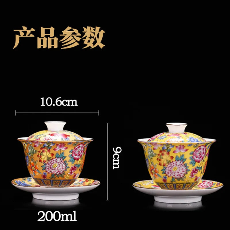 HMLOVE White Porcelain Sancai Gaiwan Enamel Cover Bowl Lid Saucer