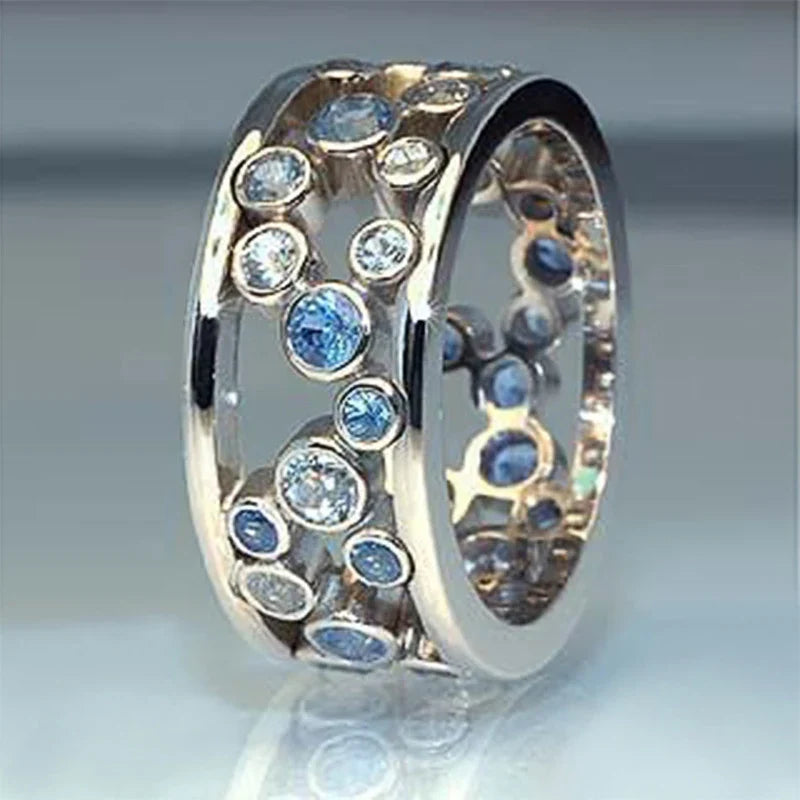 Huitan Hollowed Circle Band Ring – White & Blue Zircon Women