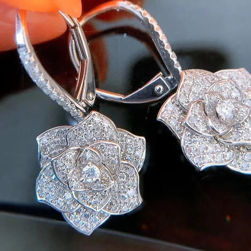 Huitan Floral CZ Dangle Earrings – Silver Drop Earrings Women