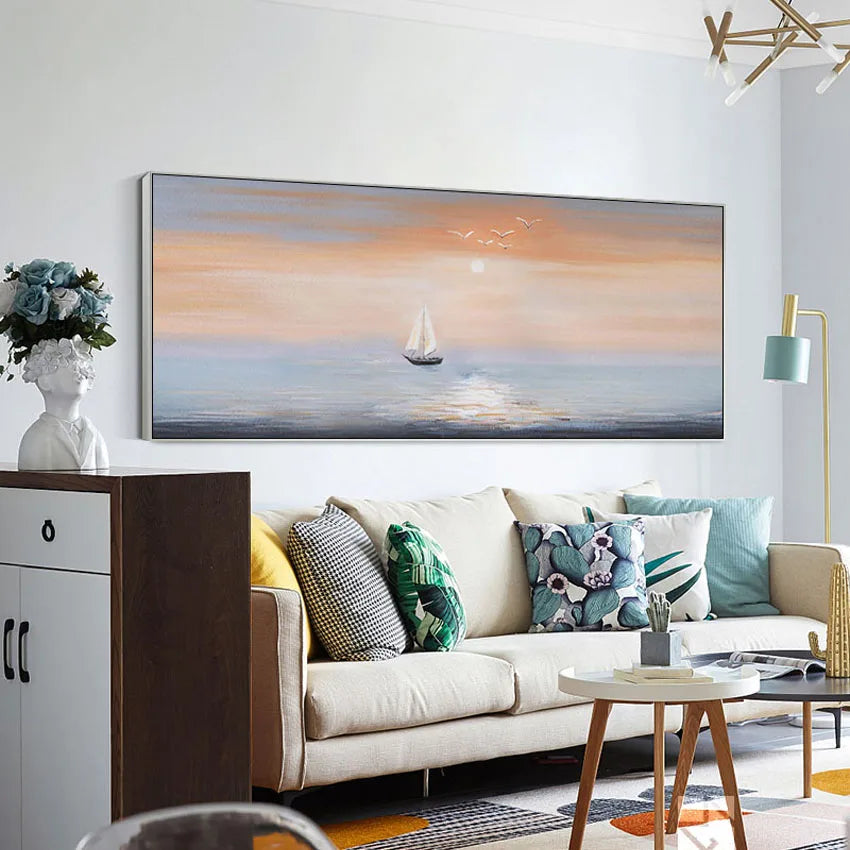Handmade Canvas Oil Painting – Sailboat & Landscape Wall Art