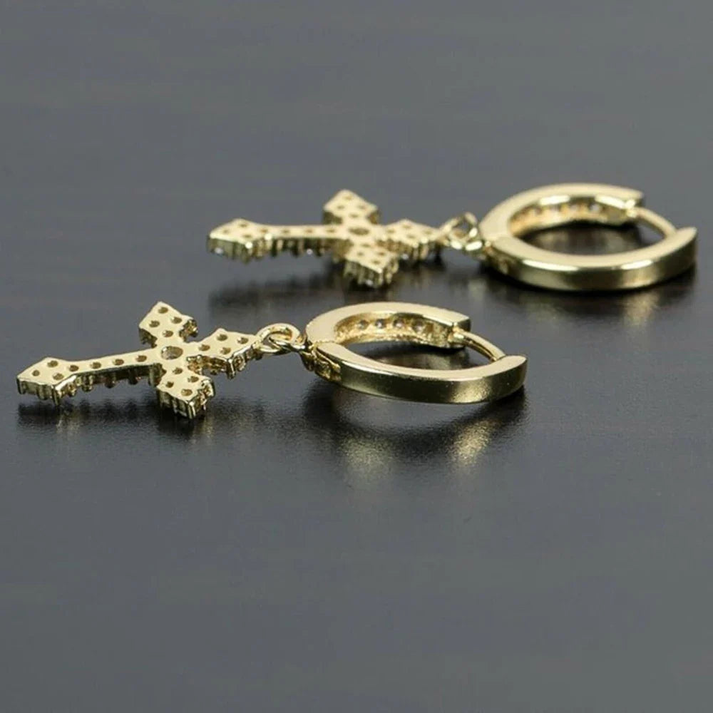 Huitan CZ Cross Drop Hoop Earrings – Unisex Fashion Jewelry