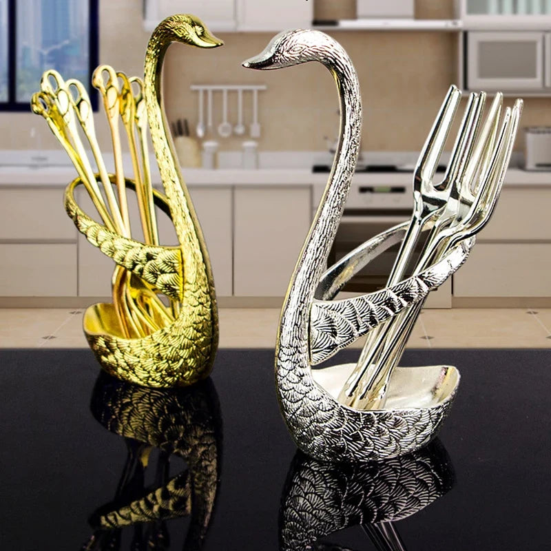 Swan Base Holder with Dessert Forks & Coffee Spoons Set