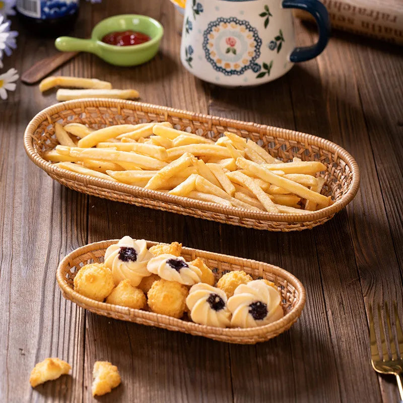 Hand-Woven Rattan Serving Tray & Oval Fruit Bread Basket