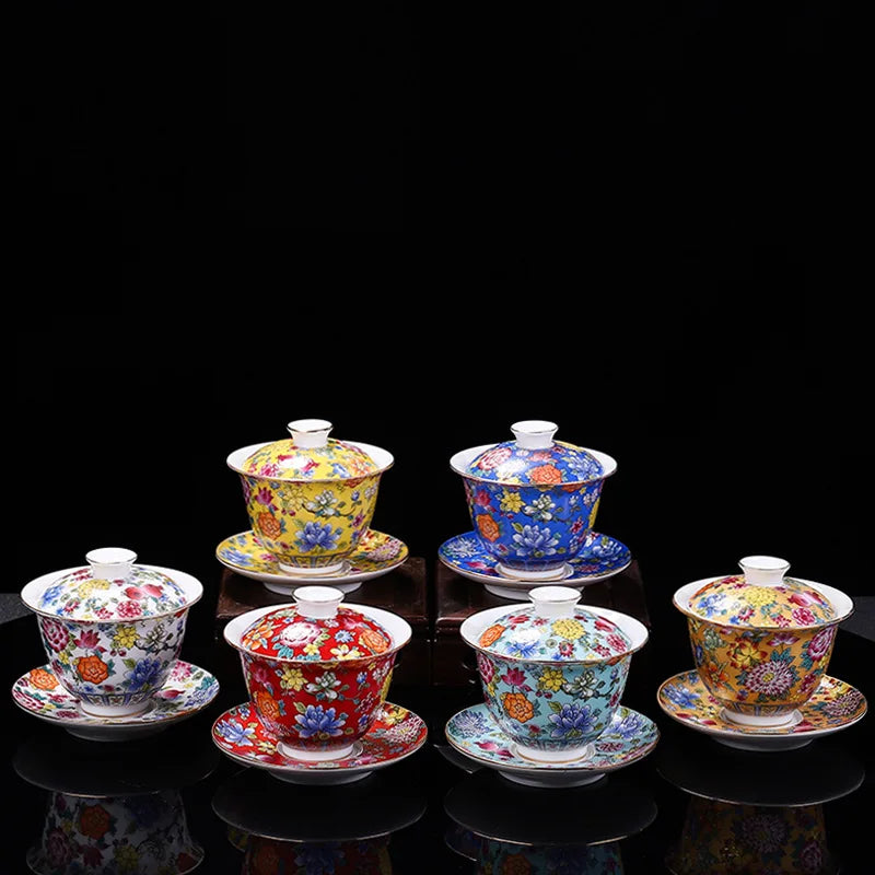 HMLOVE White Porcelain Sancai Gaiwan Enamel Cover Bowl Lid Saucer