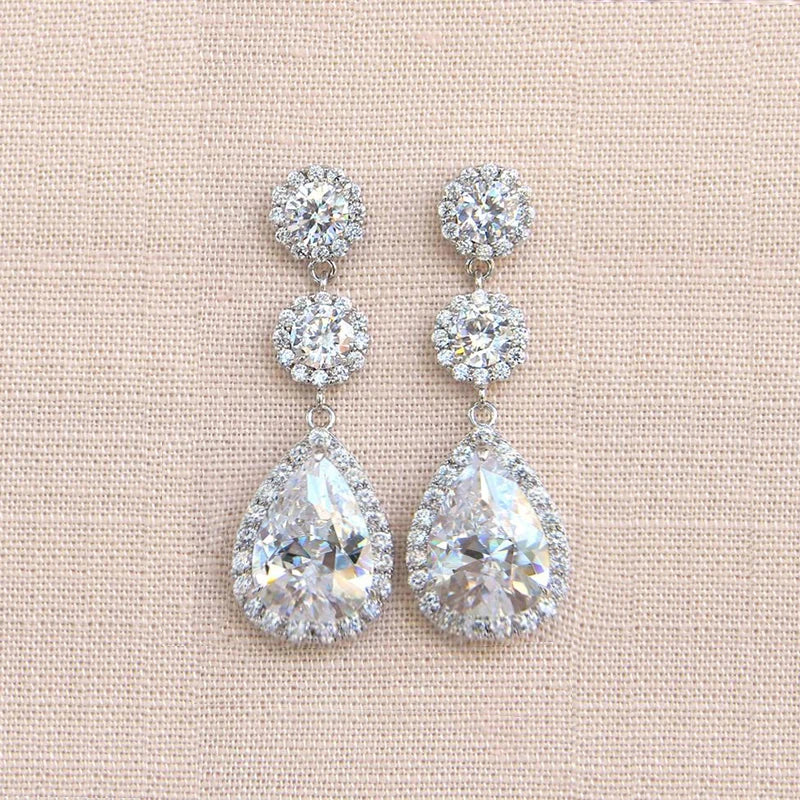Huitan Crystal CZ Drop Earrings – Silver Geometric Dangle